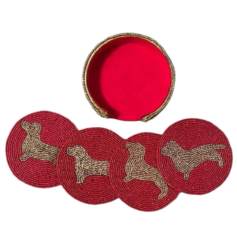 Handmade India Beaded Coasters & Holder Set of 4 Red and Gold Dog Dachshund